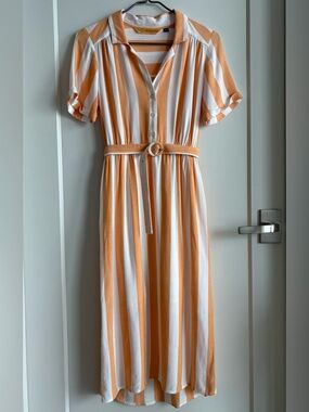 Peach and White Vertical-Stripe Midi Shirt Dress with Belt